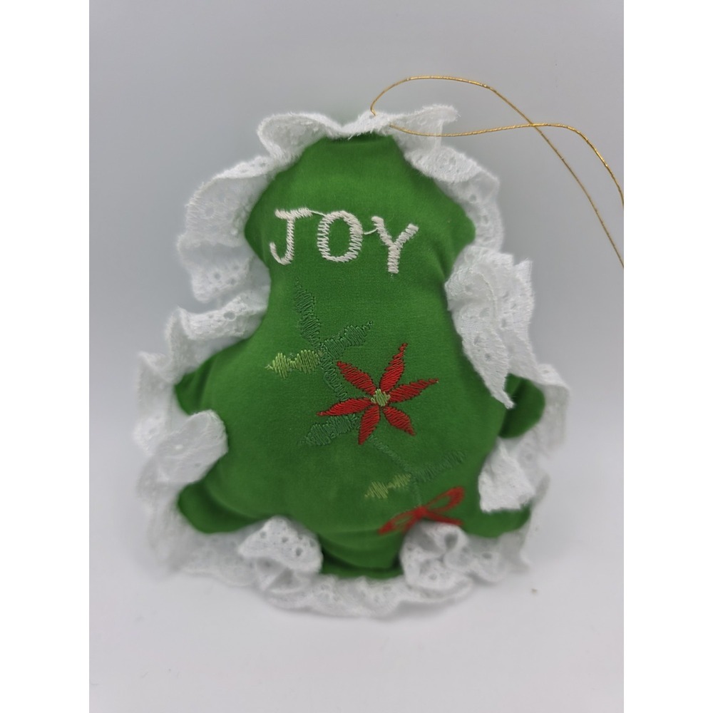 Joy‎ Green Pillow Ornament with Red Floral Embroidery and Lace Vintage